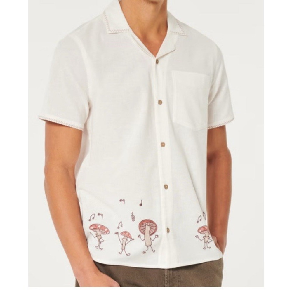 Off White Cream Short Sleeve Hollister Button Up Shirt Men's Sz XS Embroidered